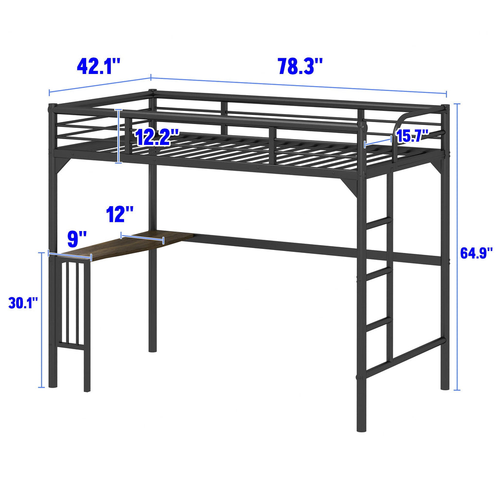 Twin Metal Loft Bed With Desk, Ladder And Guardrails, Bookdesk Under Bed - Black