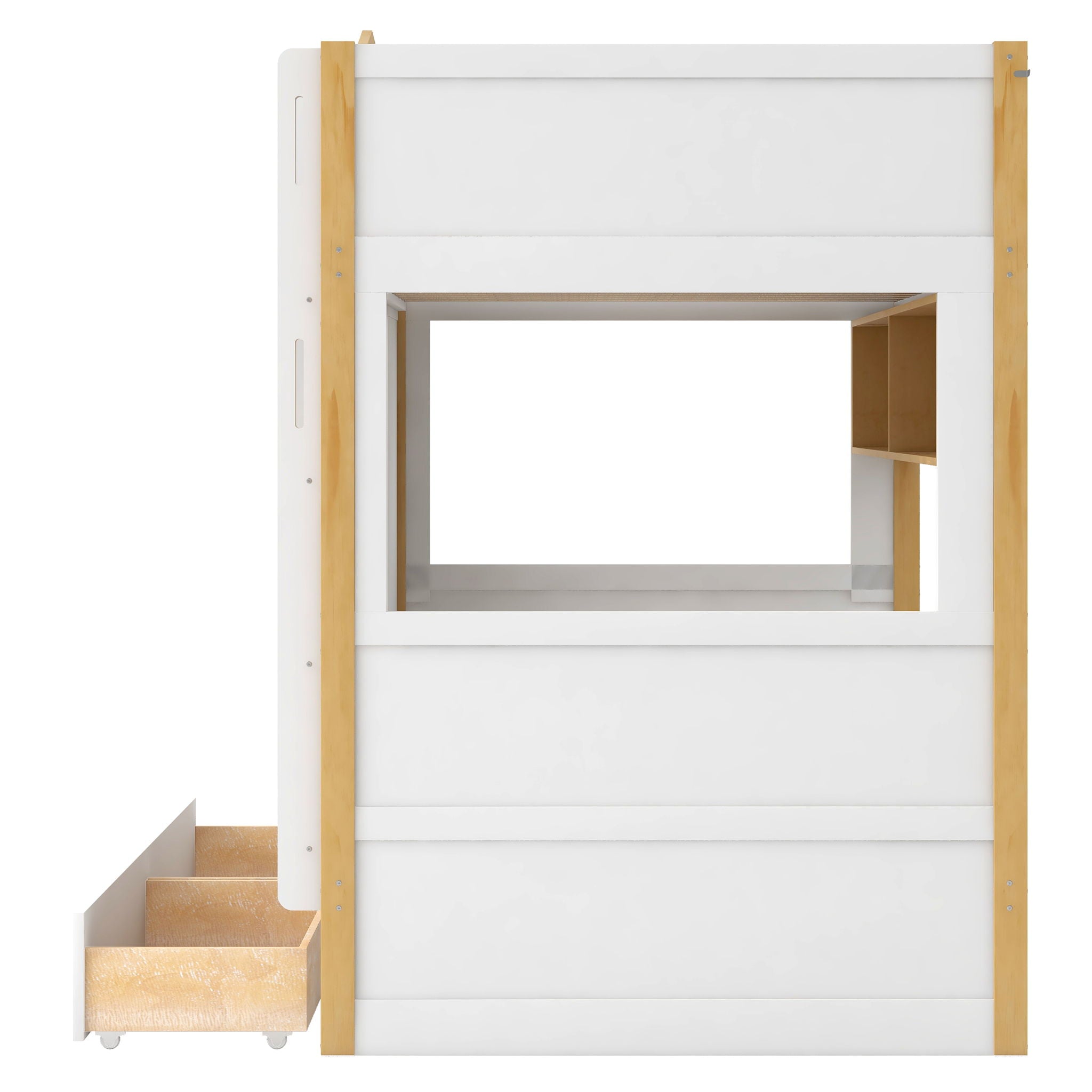 Twin Over Twin Bunk Bed With House Shaped Guardrails, Storage Shelves & Drawers - White / Natural