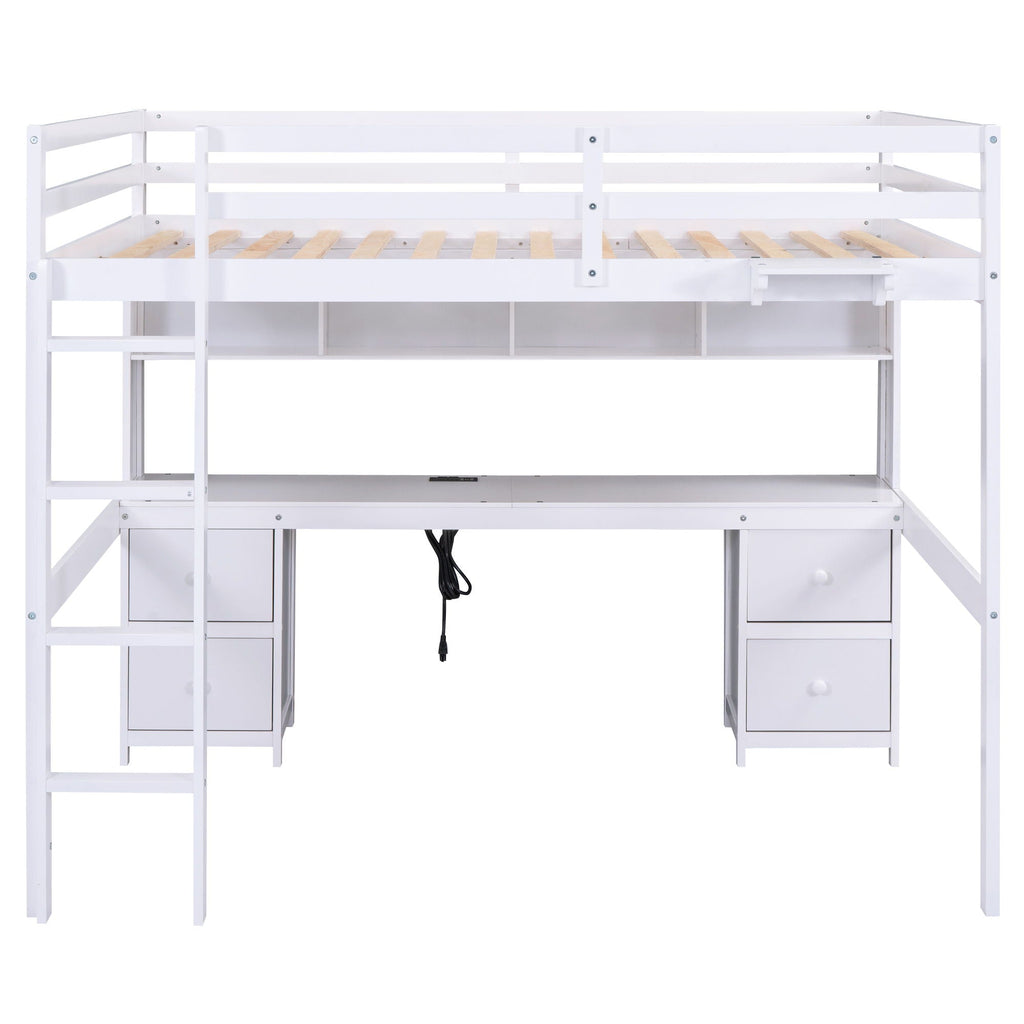 Loft Bed With Desk, Cabinets, Drawers, Charging Station And Bedside Tray