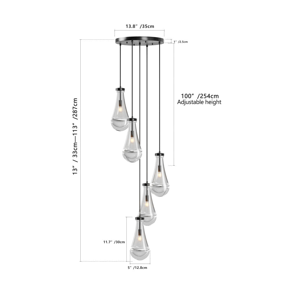 Raindrop Cluster Pendant Chandelier | 5 or 7-Light Hand-Blown Glass, Black or Gold — Adjustable to 100", High Ceiling Foyer, Stairwell & Living Room