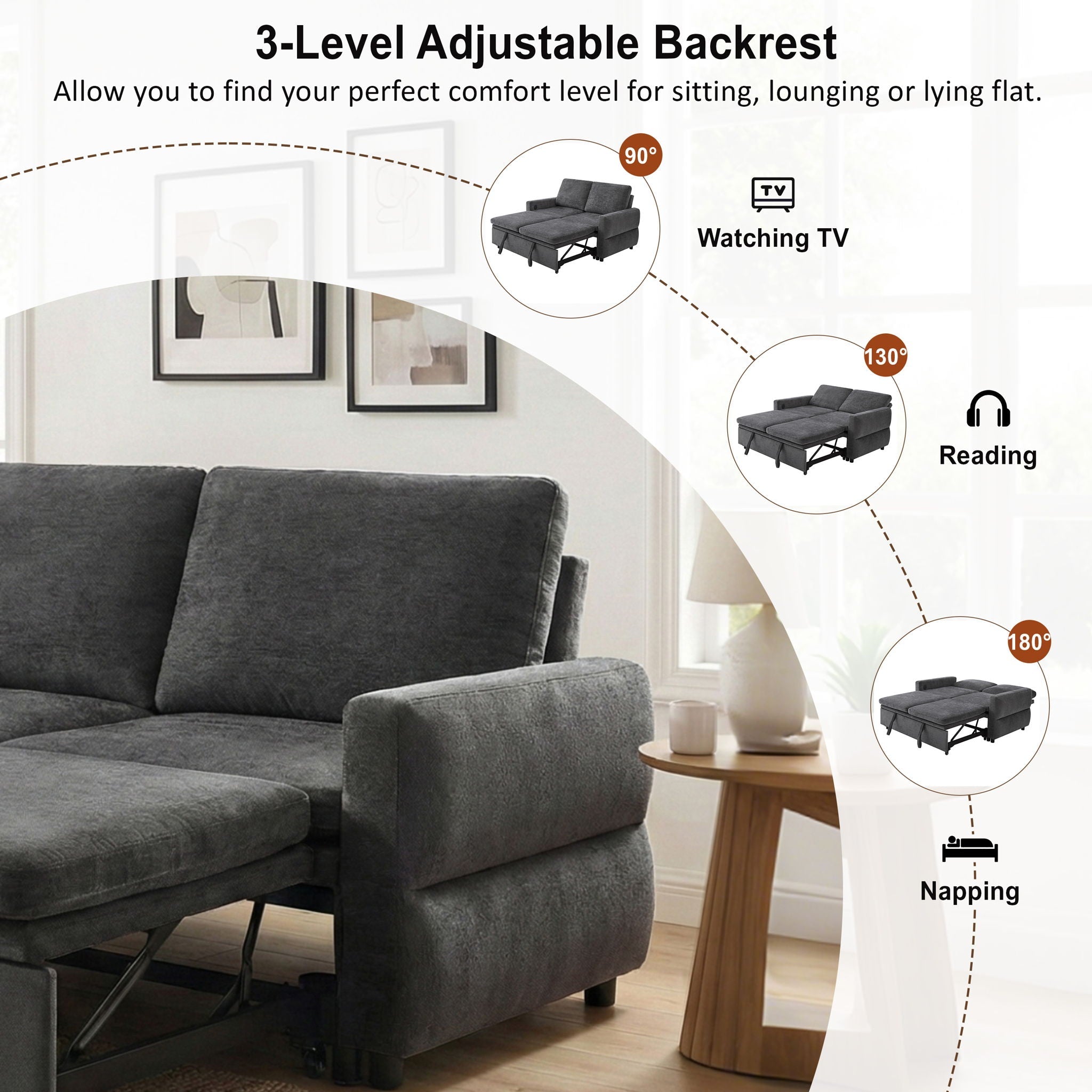 Convertible Sofa Bed Loveseat With Adjustable Backrest And USB Ports