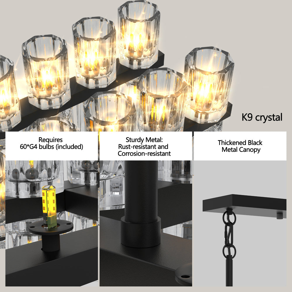 Luxury Crystal Chandelier | Double-Ring LED Ceiling Light for Living Room & Dining Room — Black or Gold, Round or Rectangular