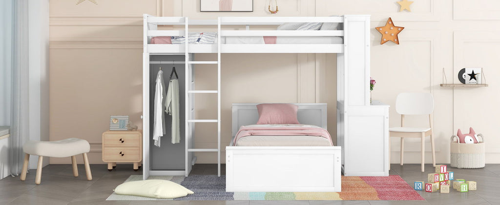 Loft Bed With A Stand Alone Bed, Shelves, Desk, And Wardrobe