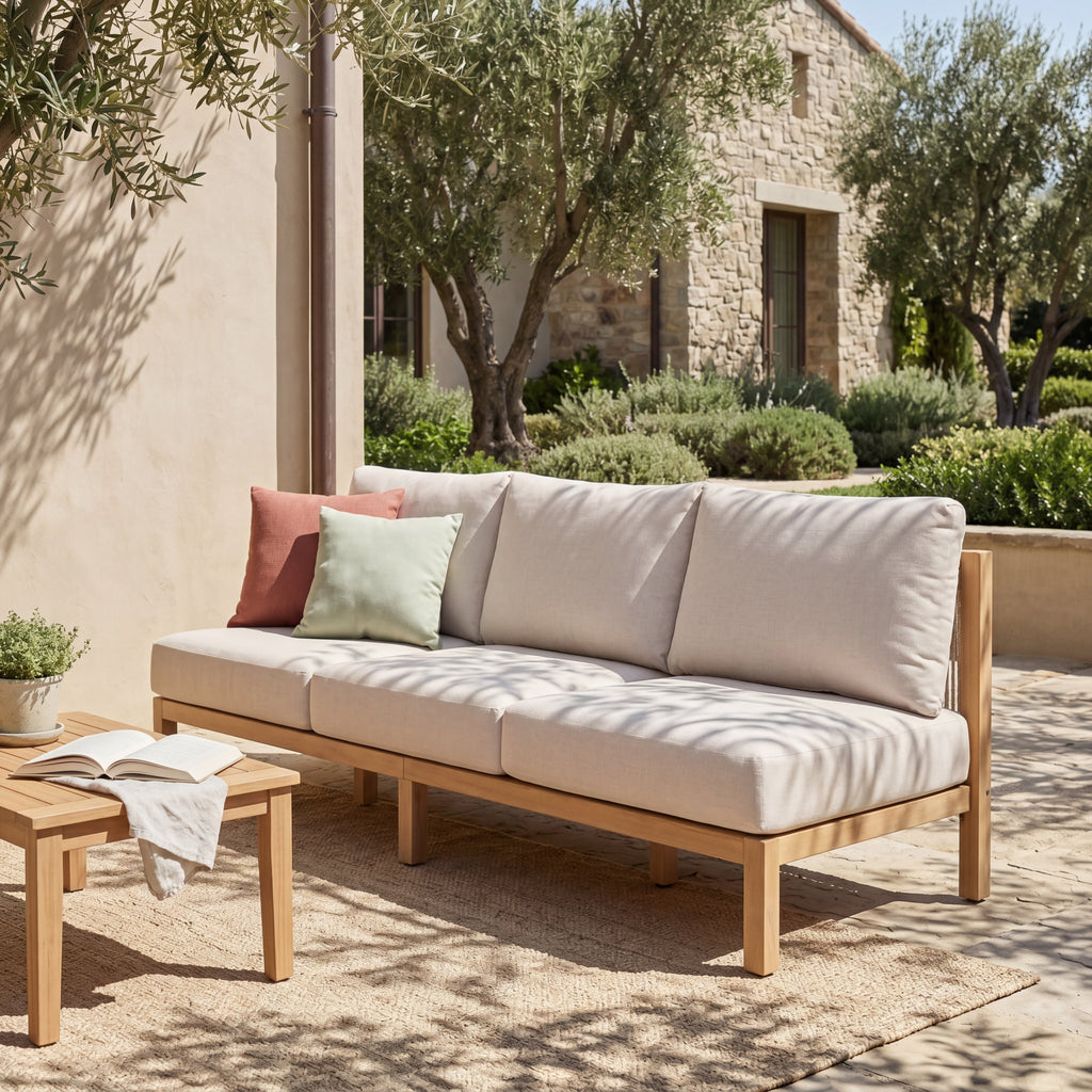 73.23" Outdoor Acacia Wood Frame Rope-Braided Backrest Three-Seater Sofa