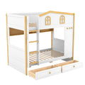 Twin Over Twin Bunk Bed With House Shaped Guardrails, Storage Shelves & Drawers - White / Natural