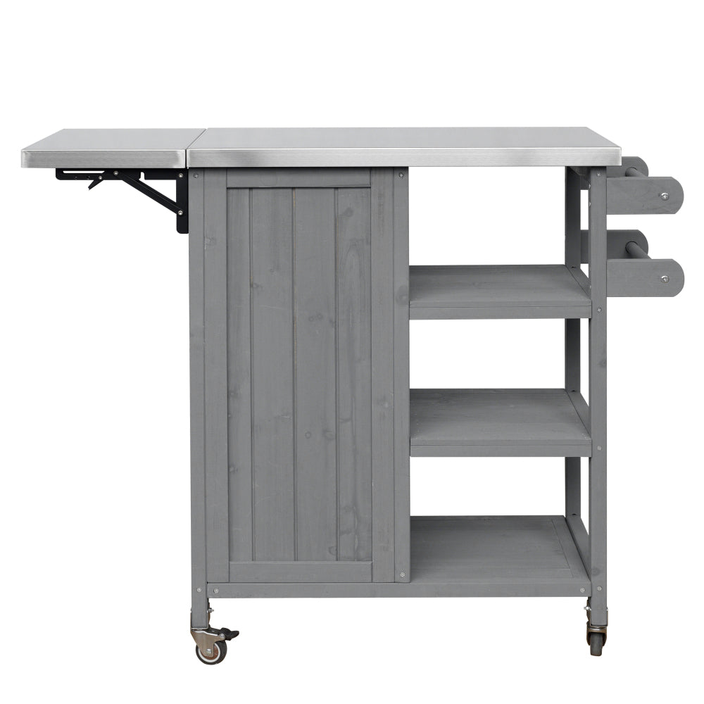 Foldable Outdoor Kitchen Island with Stainless Steel Top | Rolling Cart with Storage Cabinet, Open Shelves & Towel Rack — Grey