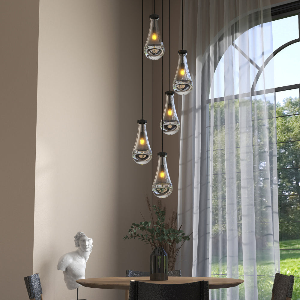 Raindrop Cluster Pendant Chandelier | 5 or 7-Light Hand-Blown Glass, Black or Gold — Adjustable to 100", High Ceiling Foyer, Stairwell & Living Room