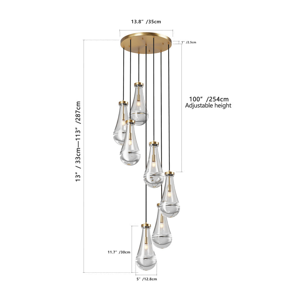 Raindrop Cluster Pendant Chandelier | 5 or 7-Light Hand-Blown Glass, Black or Gold — Adjustable to 100", High Ceiling Foyer, Stairwell & Living Room