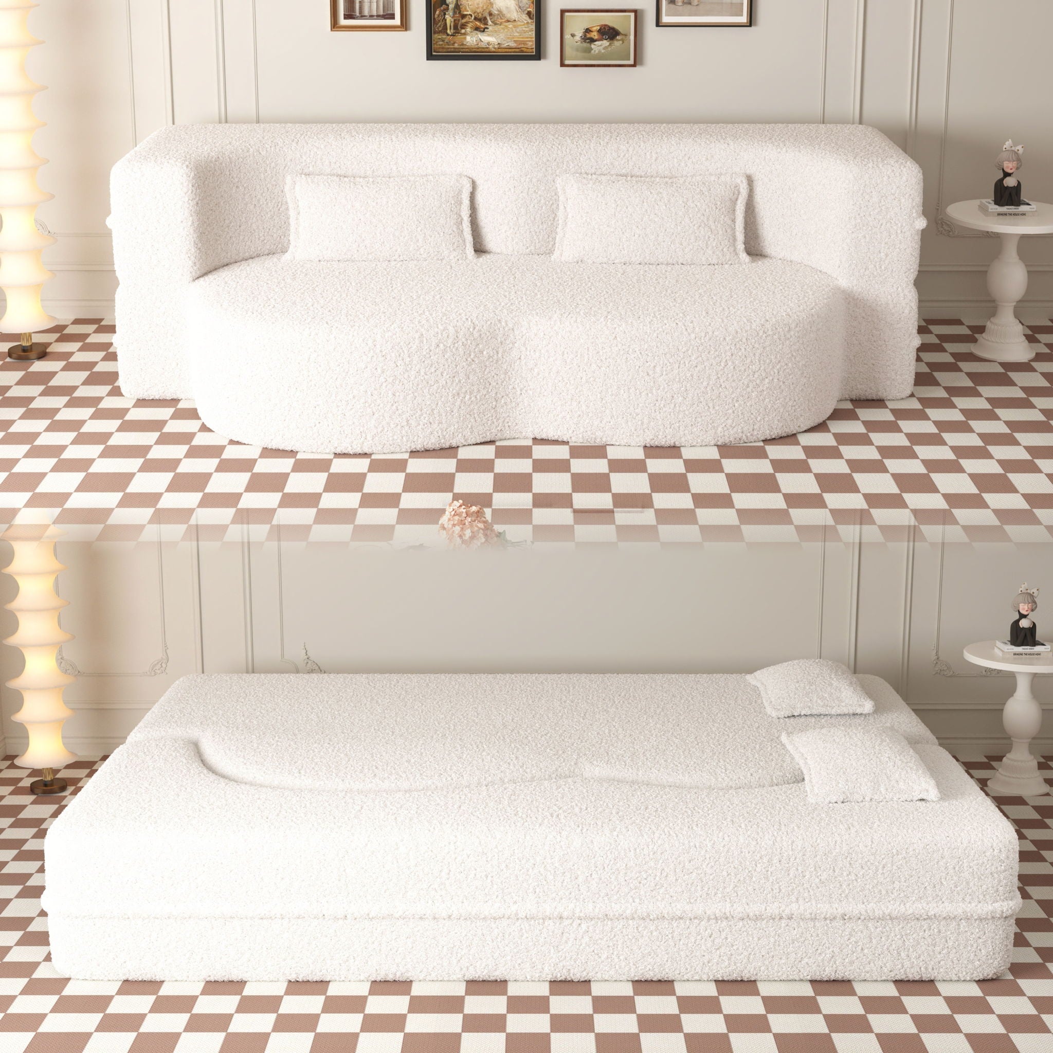 Modern Floor Sofa With Two Pillows Convertible Teddy Fabric Foam Filled Bed