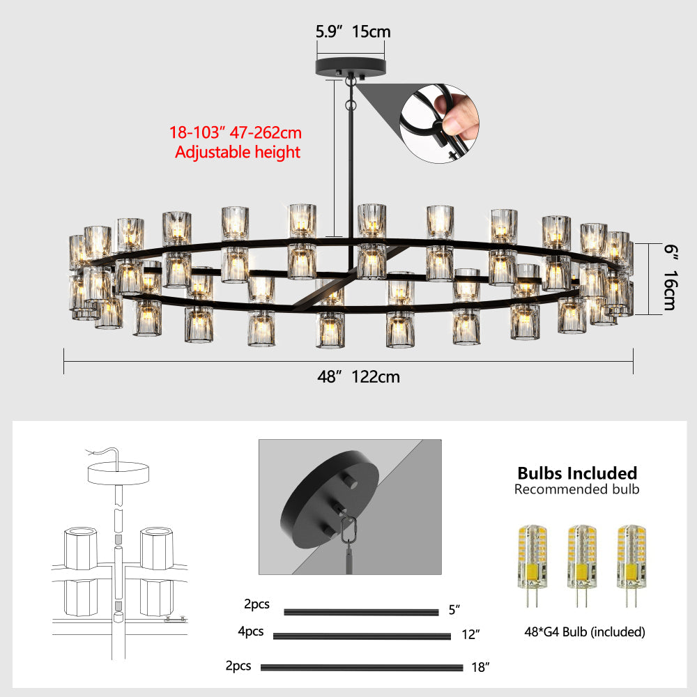 Luxury Crystal Chandelier | Double-Ring LED Ceiling Light for Living Room & Dining Room — Black or Gold, Round or Rectangular