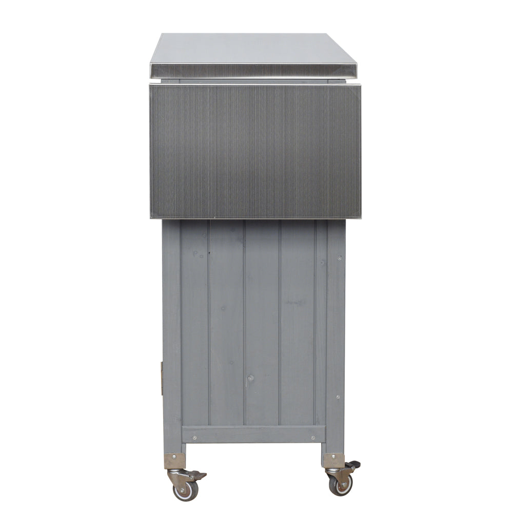 Foldable Outdoor Kitchen Island with Stainless Steel Top | Rolling Cart with Storage Cabinet, Open Shelves & Towel Rack — Grey