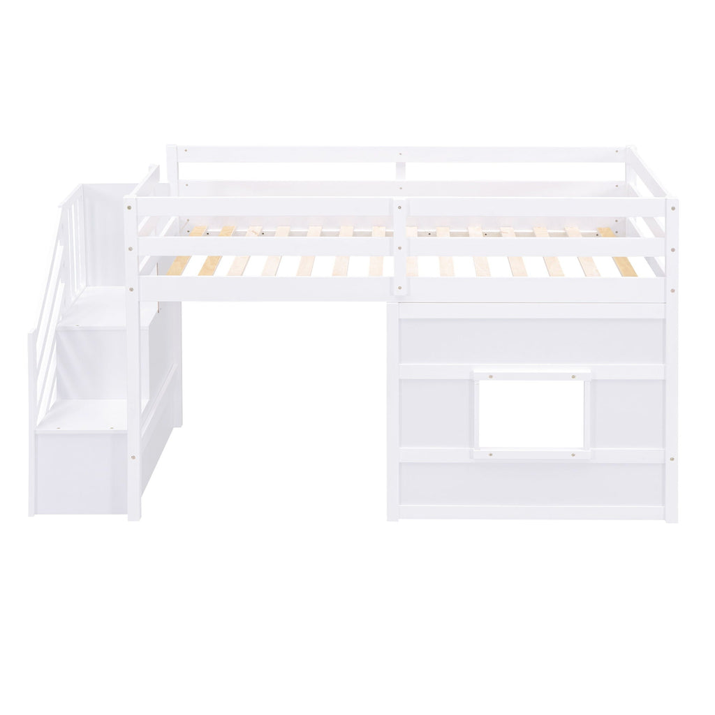 Loft Bed With Storage Staircase, Window & LED Light