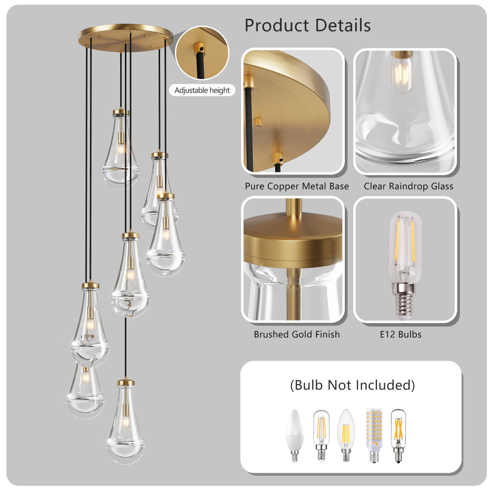 Raindrop Cluster Pendant Chandelier | 5 or 7-Light Hand-Blown Glass, Black or Gold — Adjustable to 100", High Ceiling Foyer, Stairwell & Living Room