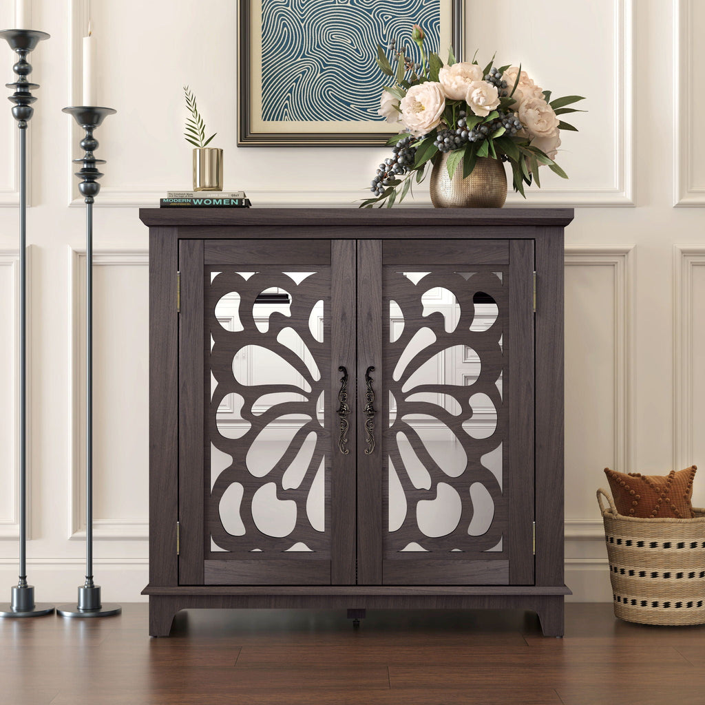 Elegant Sideboard With 2 Acrylic Mirrored Doors, Adjustable Shelf Storage