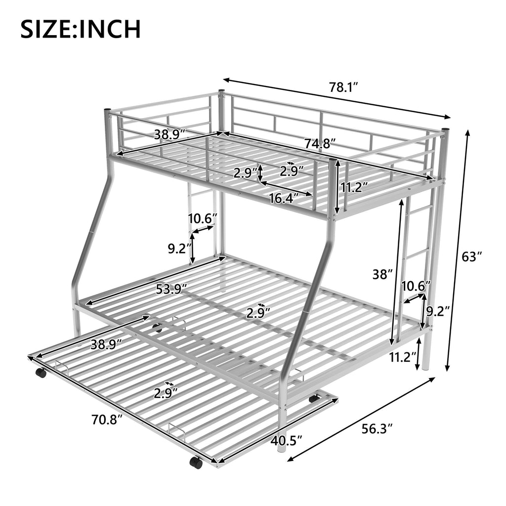 Bunk Bed With Steel Frame And Trundle, 2 Side Ladders
