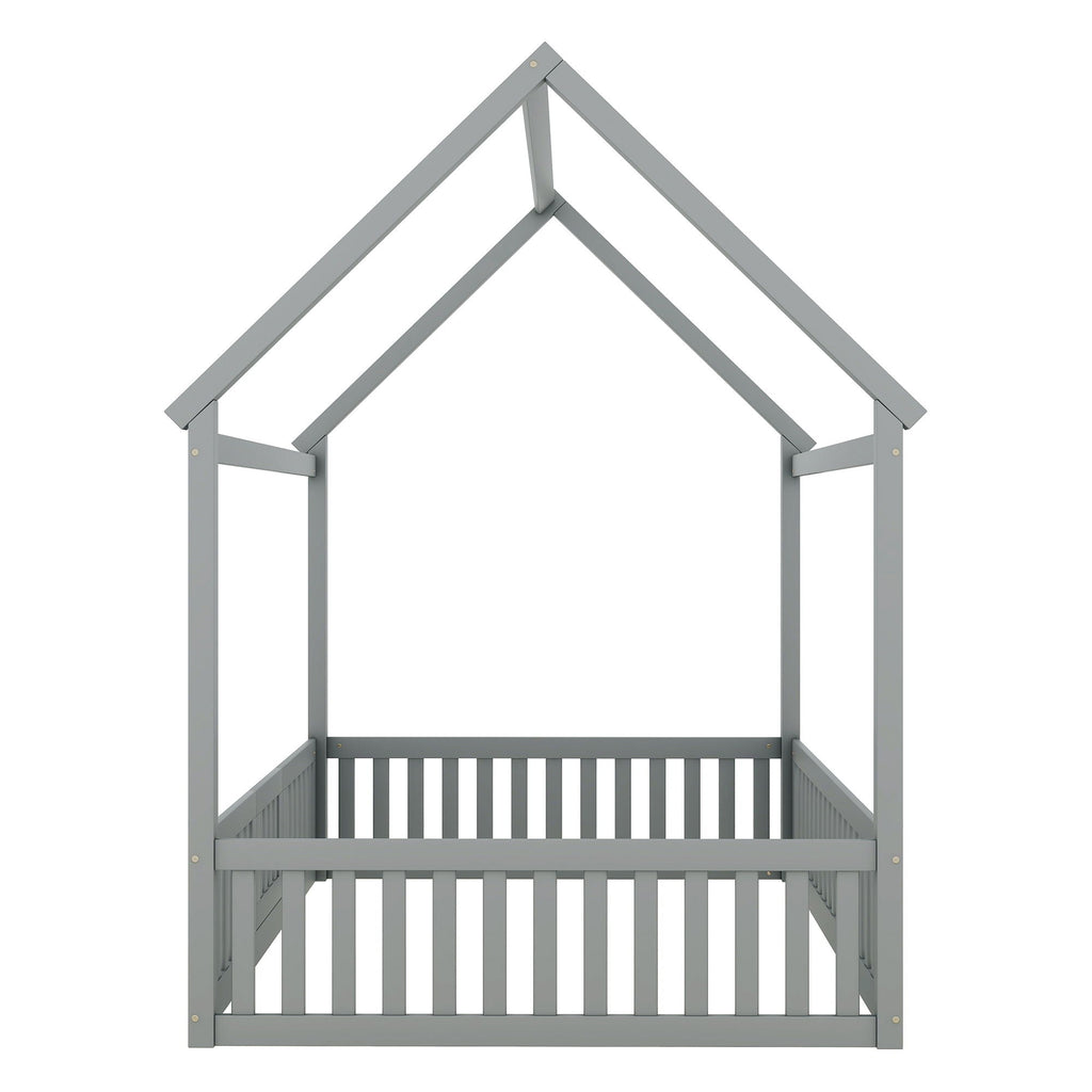 Wood House Bed With Fence And Door