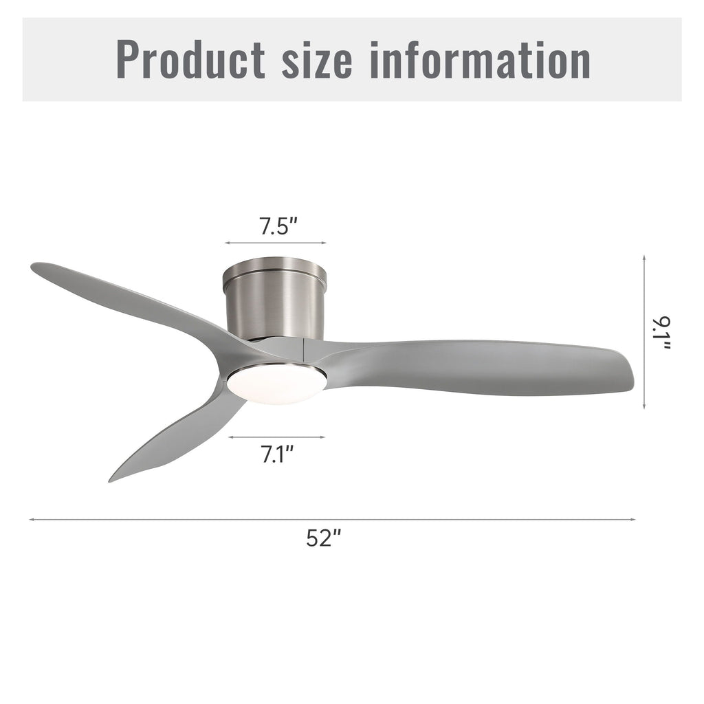 Flush Mount Ceiling Fan With Dimmable LED Light, 3 Blades, Reversible DC Motor