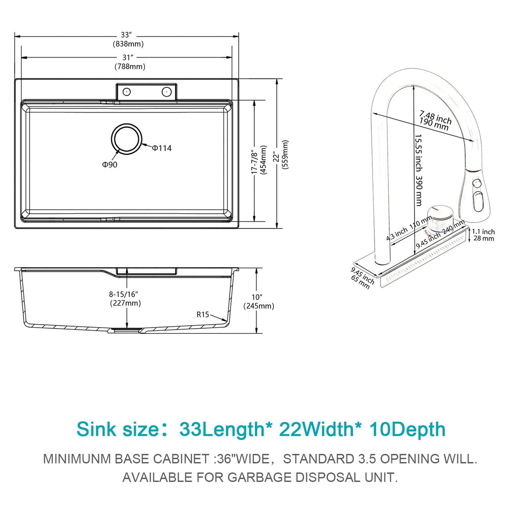 Waterfall Kitchen Sink With Pull Out Faucet & Cup Washer