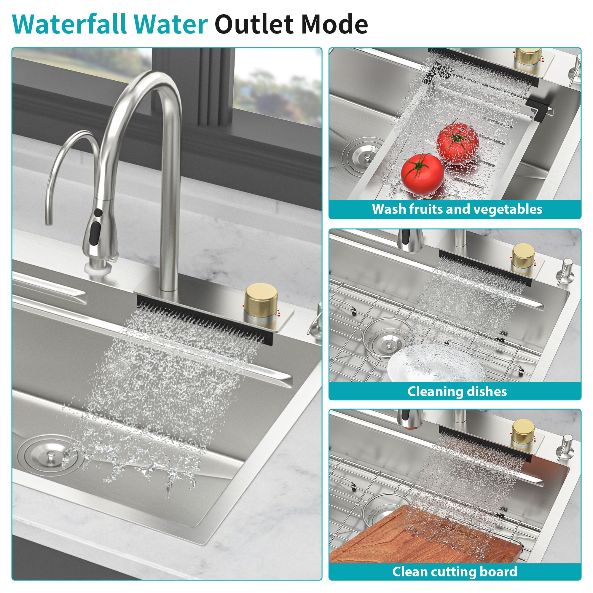 Waterfall Kitchen Sink With Pull Out Faucet & Cup Washer