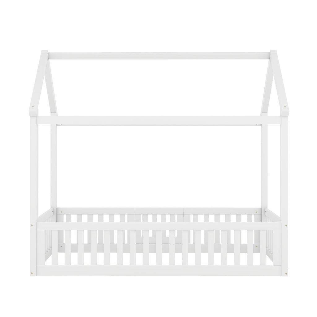 Wood House Bed With Fence And Door