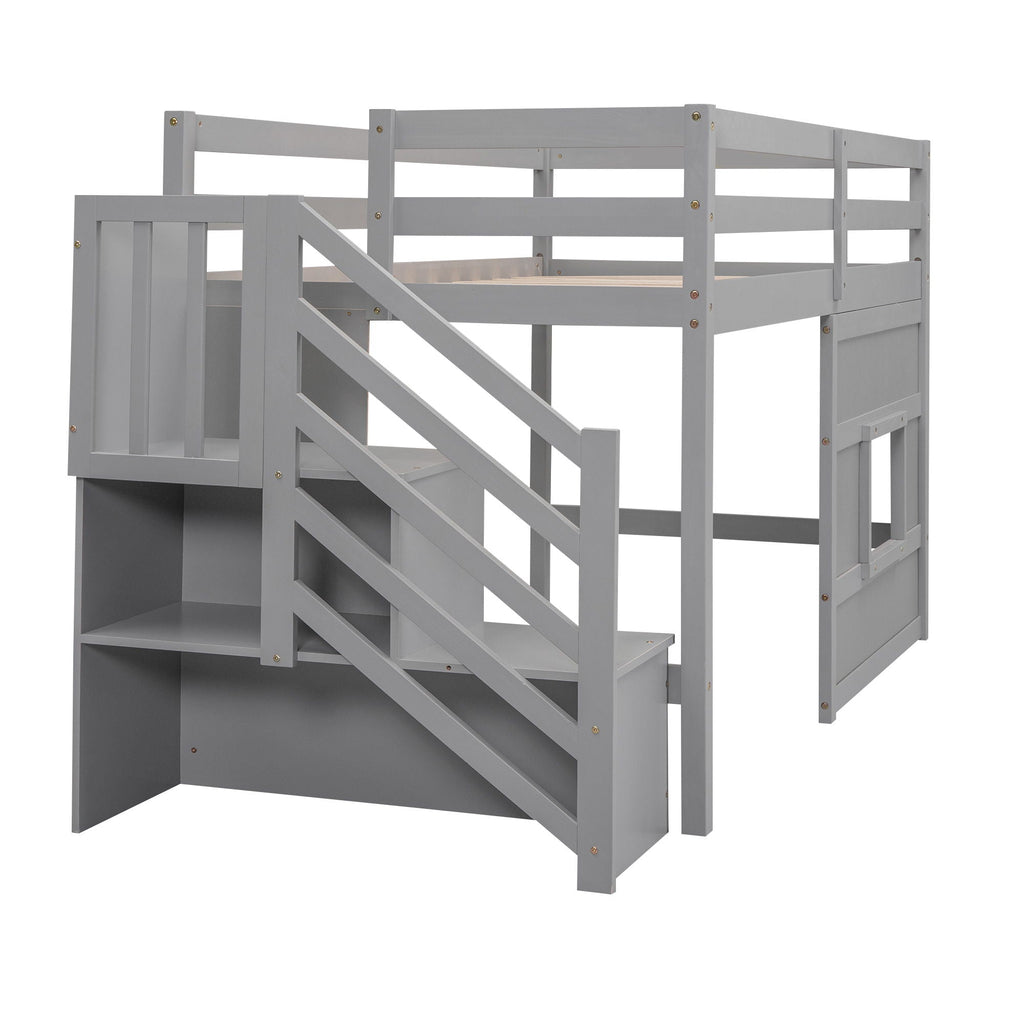 Loft Bed With Storage Staircase, Window & LED Light