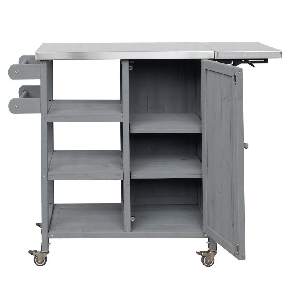 Foldable Outdoor Kitchen Island with Stainless Steel Top | Rolling Cart with Storage Cabinet, Open Shelves & Towel Rack — Grey
