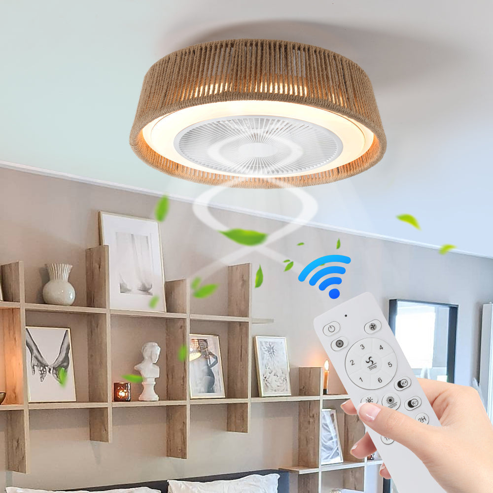 21" Boho Caged Ceiling Fan with LED Light & Remote – Braided Twine Design, 3CCT Dimmable, 6 Speeds & Reversible DC Motor