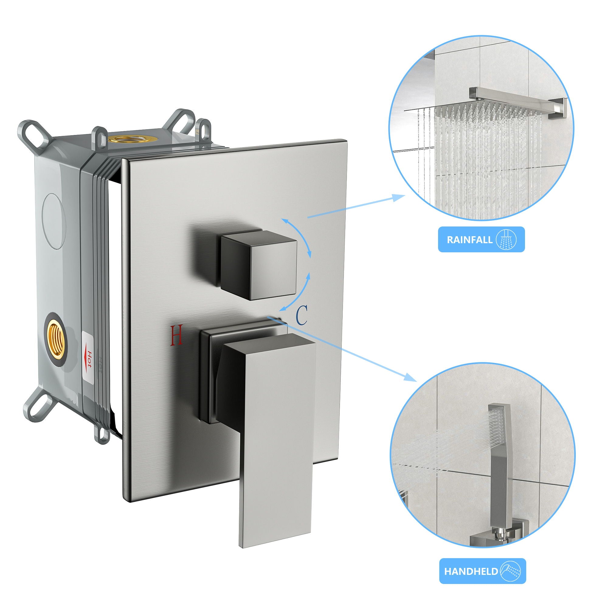 Dual Shower Head System With 12" Wall Mounted Square Rain Shower And Rough In Valve