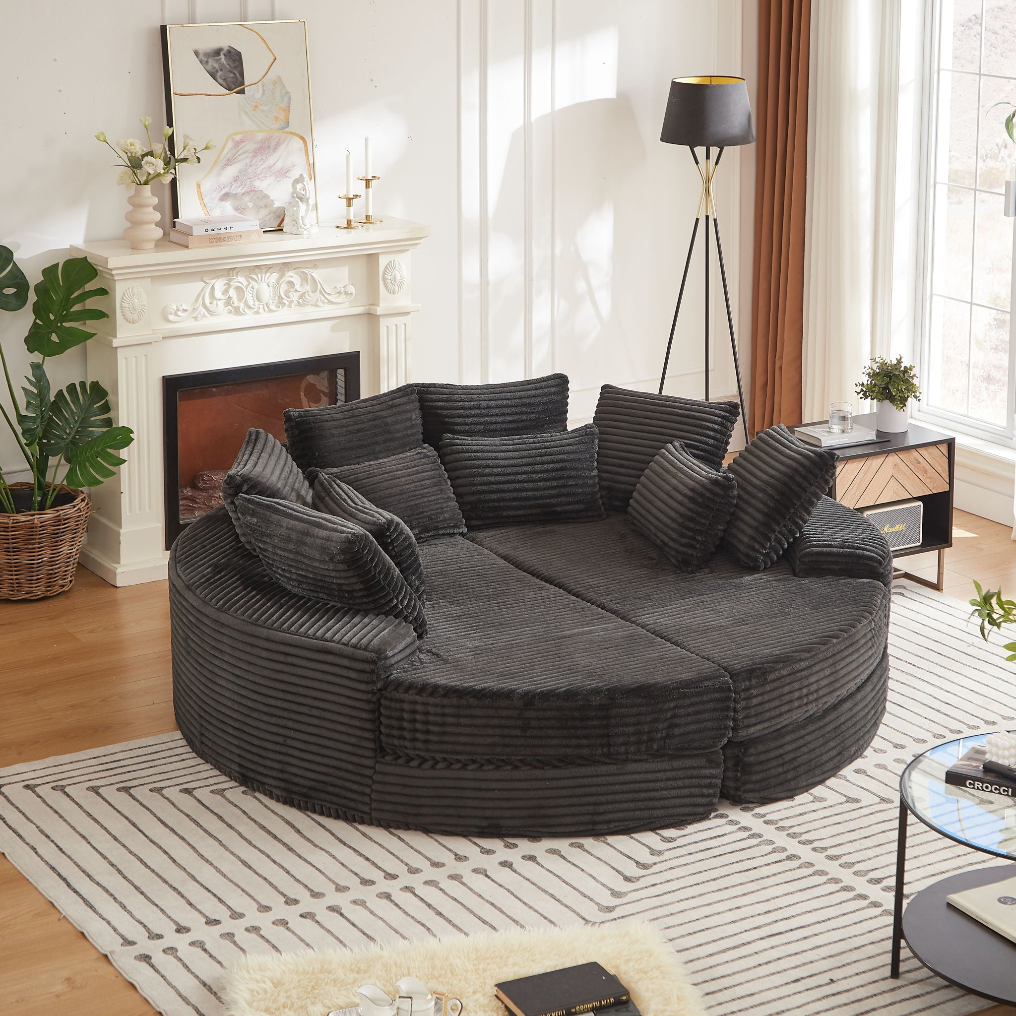 Round Oversized Sofa Bed With 5 Throw Pillows