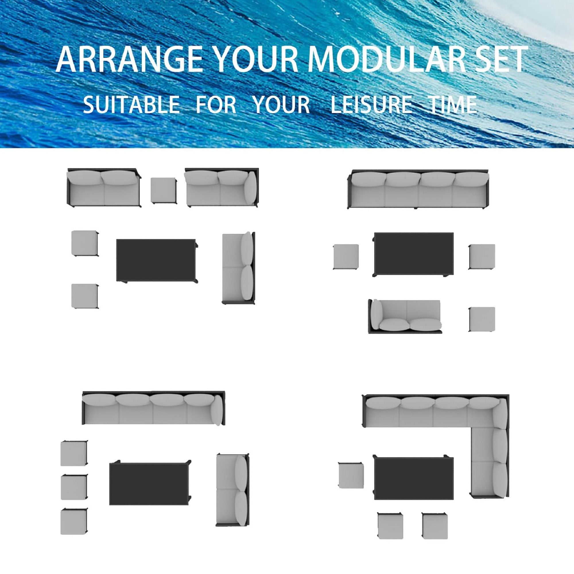7 Piece Outdoor Furniture Set With Waterproof Cushions, Glass Table, And Space Saving Design - Blue