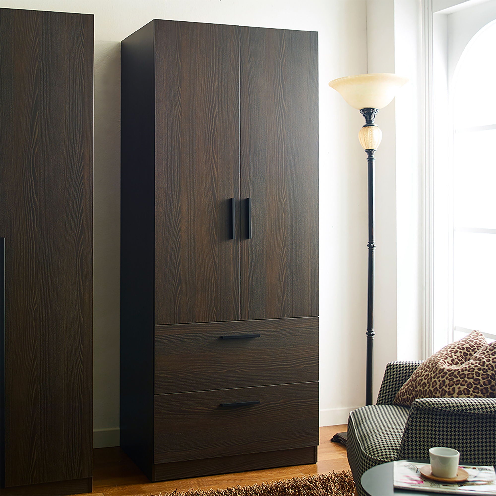 Brook - 2 Door Closet With 2 Drawers And Hanging Bars - Dark Brown