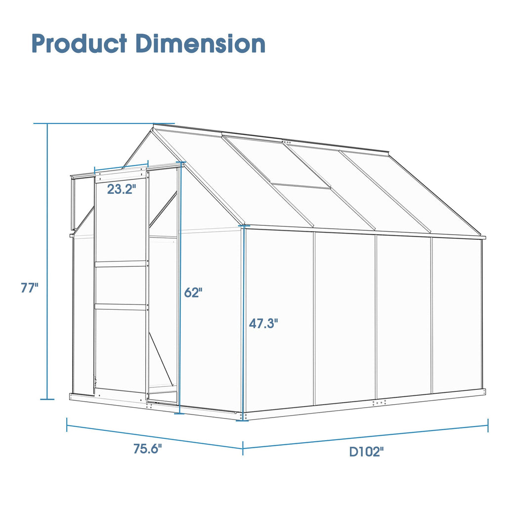 Walk-In Polycarbonate house & Roof Vent, Sliding Doors, Aluminum Hobby Hot House For Outdoor
