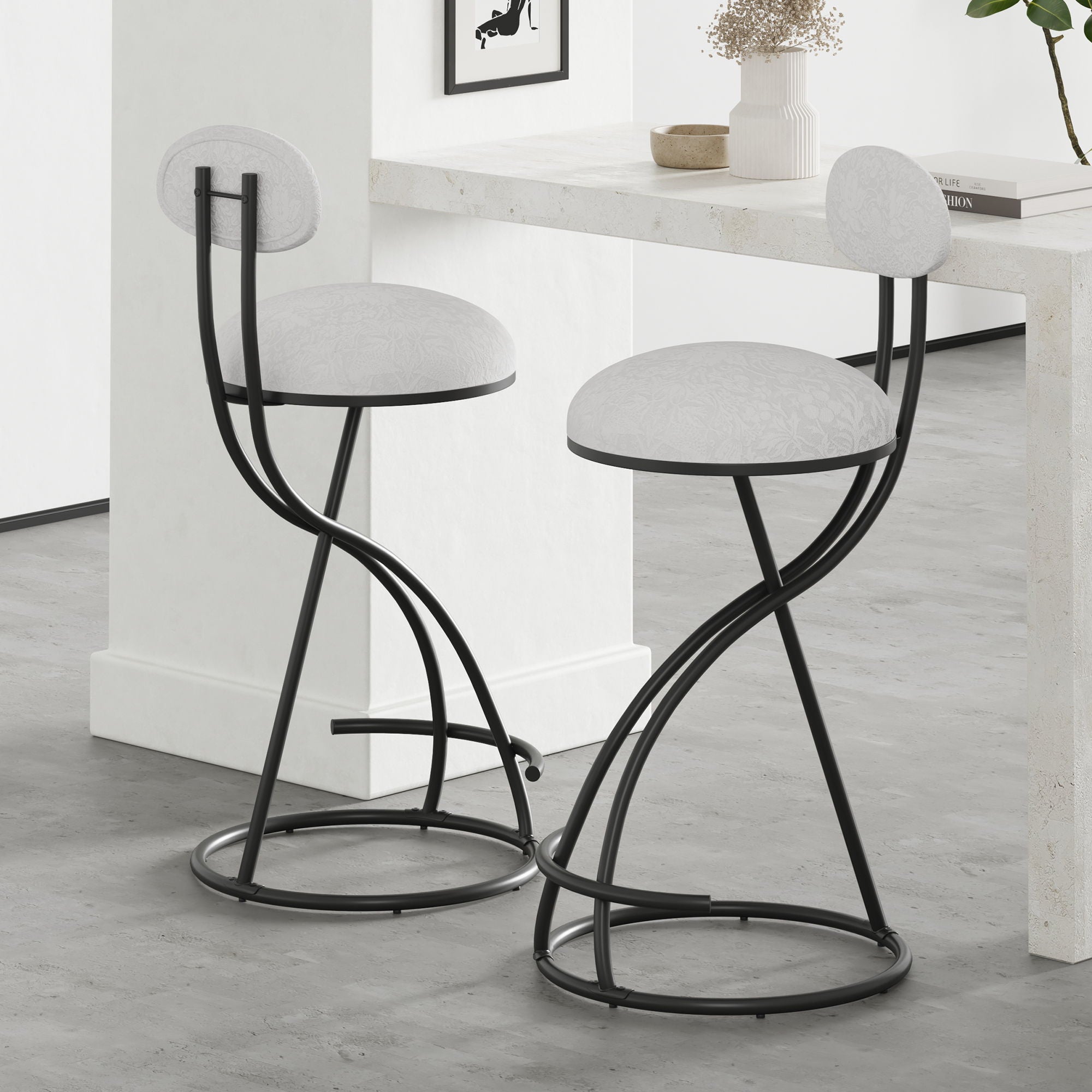 Round Print Bar Stools Upholstered Chairs For Kitchen (Set of 2)