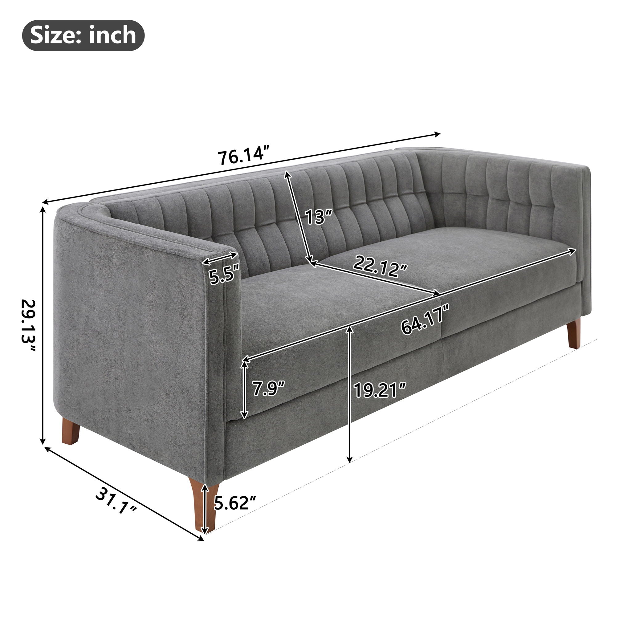 Modern 3 Seater Sofa Upholstered Couch with Curved Armrests