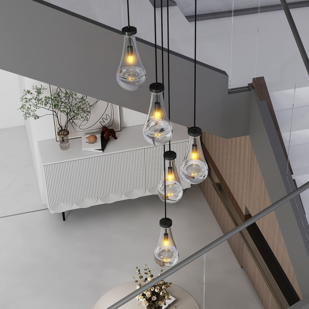 Raindrop Cluster Pendant Chandelier | 5 or 7-Light Hand-Blown Glass, Black or Gold — Adjustable to 100", High Ceiling Foyer, Stairwell & Living Room