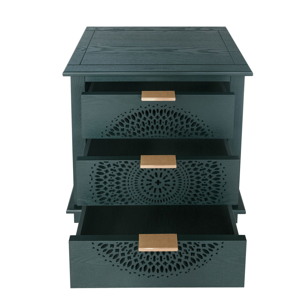 Hollow Carved 3 Drawer Dresser With Metal Handles, Storage Chest For Living Room Or Bedroom - Blackish Green