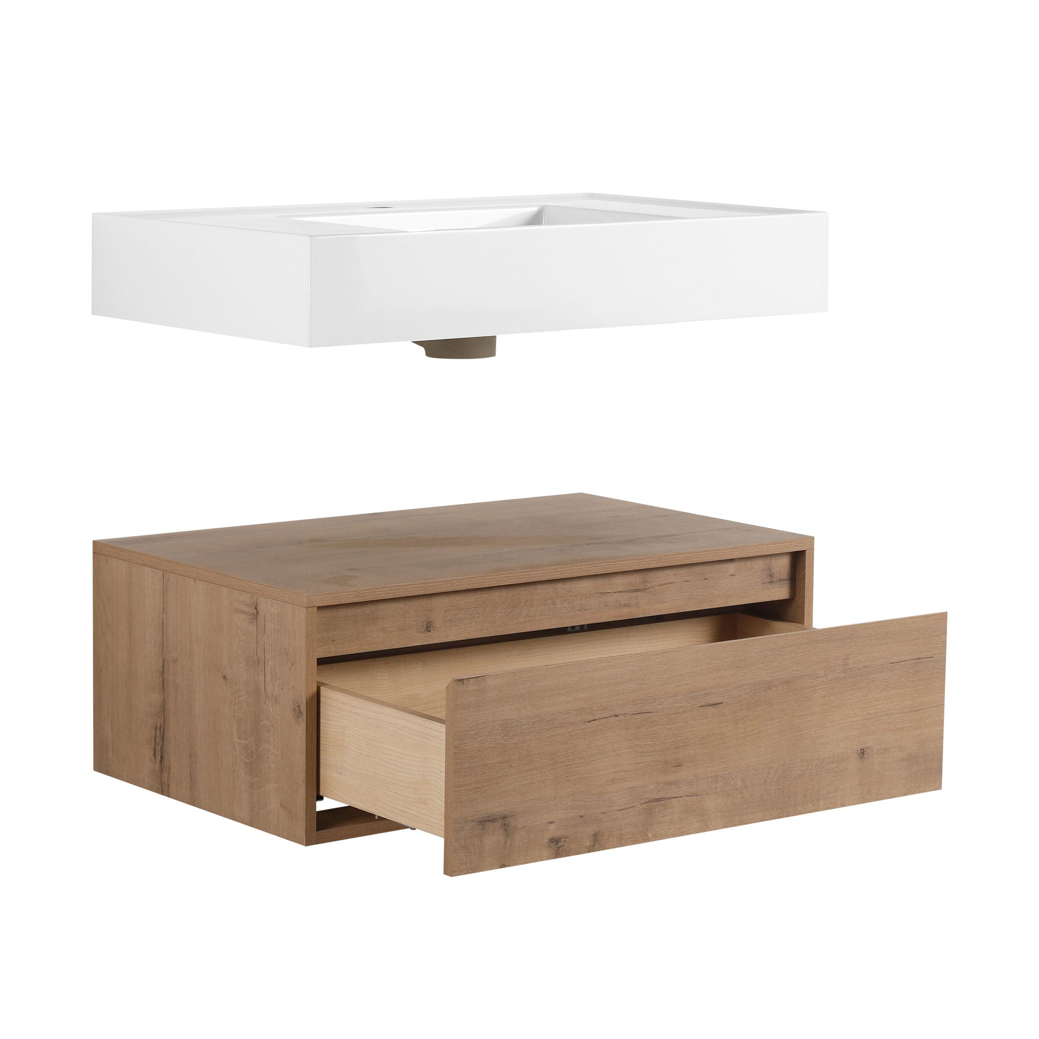 Modern Wall Mounted 30 Inch Bathroom Vanity With Resin Sink And 2 Side Cabinet In Imitative - Imitative Oak