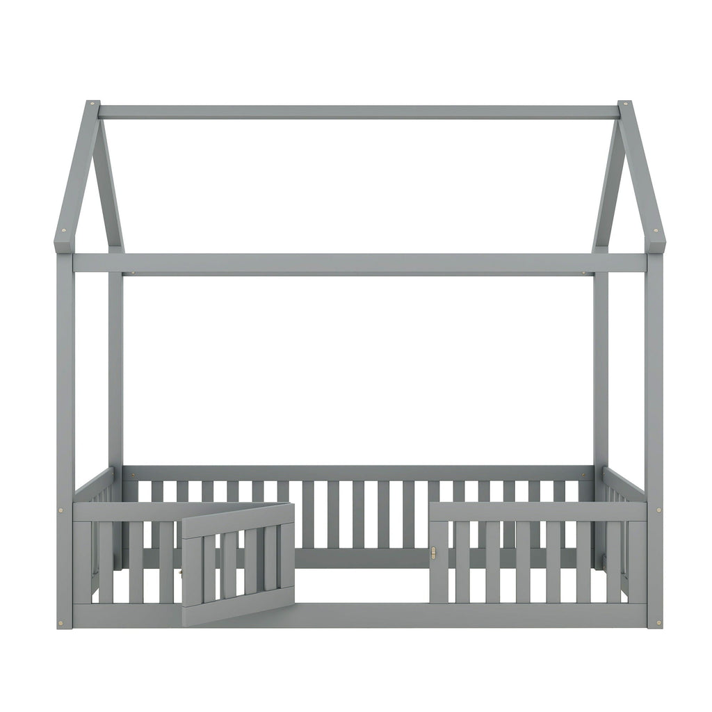 Wood House Bed With Fence And Door