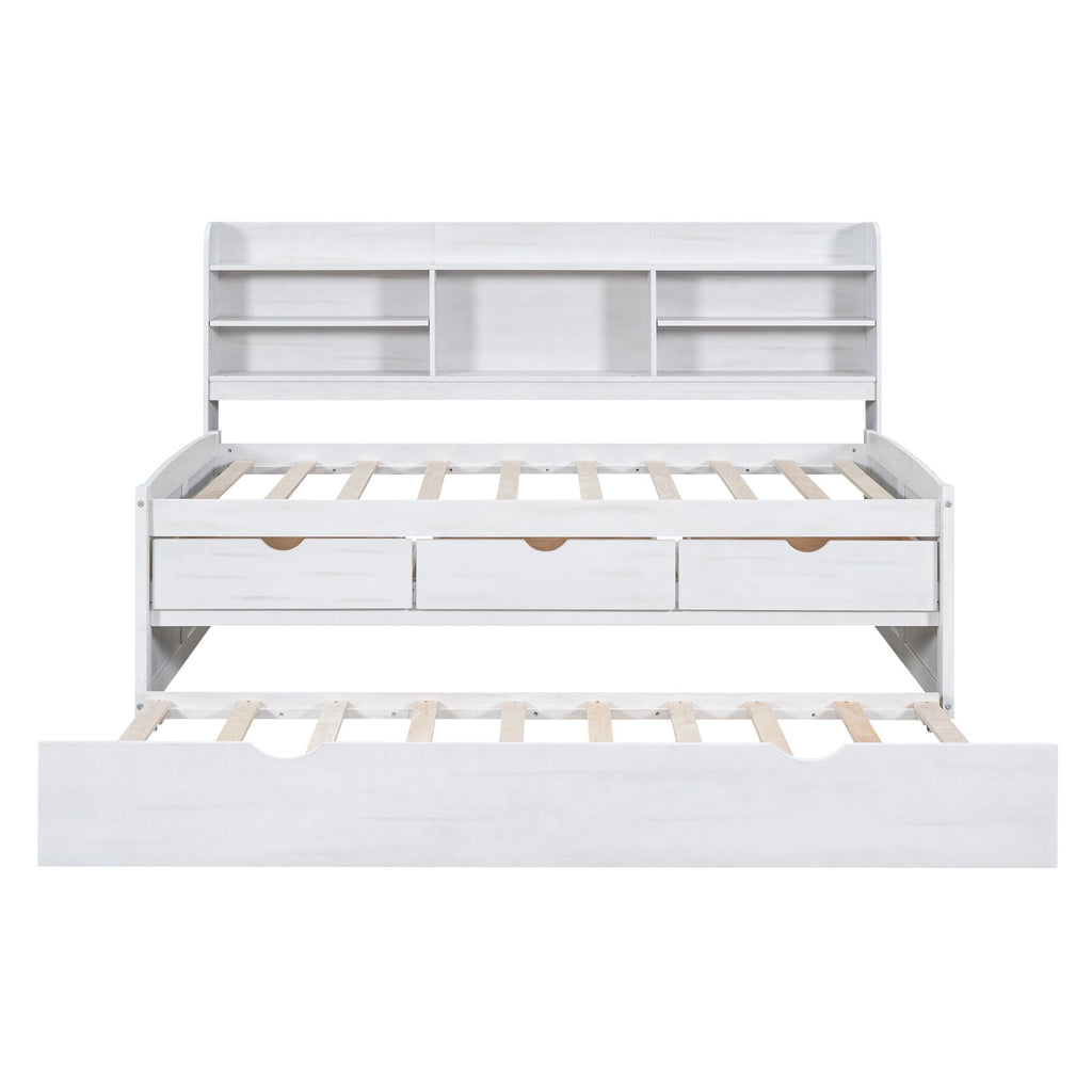 Captain Bed With Built In Bookshelves, 3 Storage Drawers, And Trundle