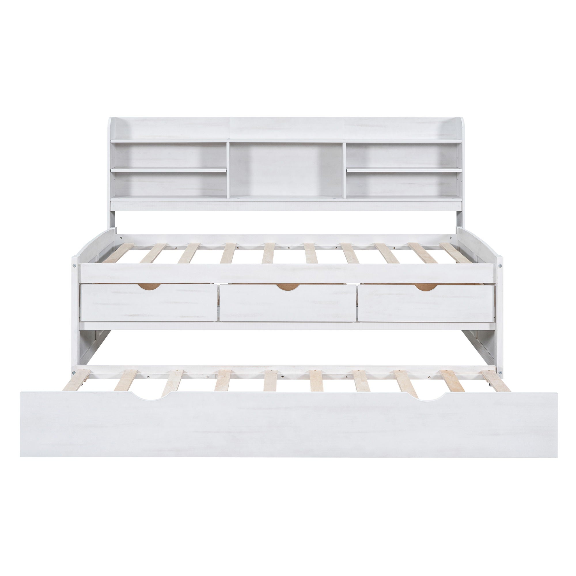 Captain Bed With Built In Bookshelves, 3 Storage Drawers, And Trundle
