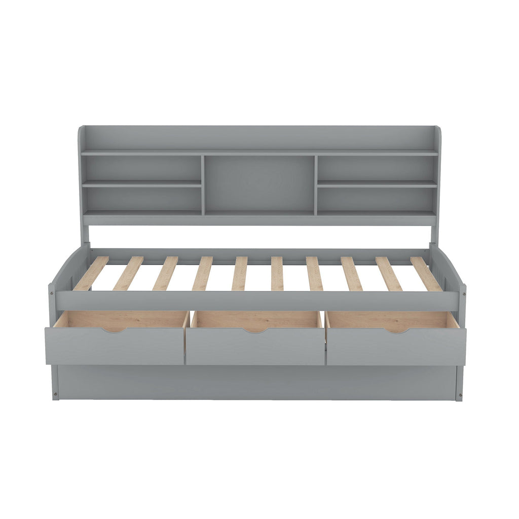 Captain Bed With Built In Bookshelves, 3 Storage Drawers, And Trundle