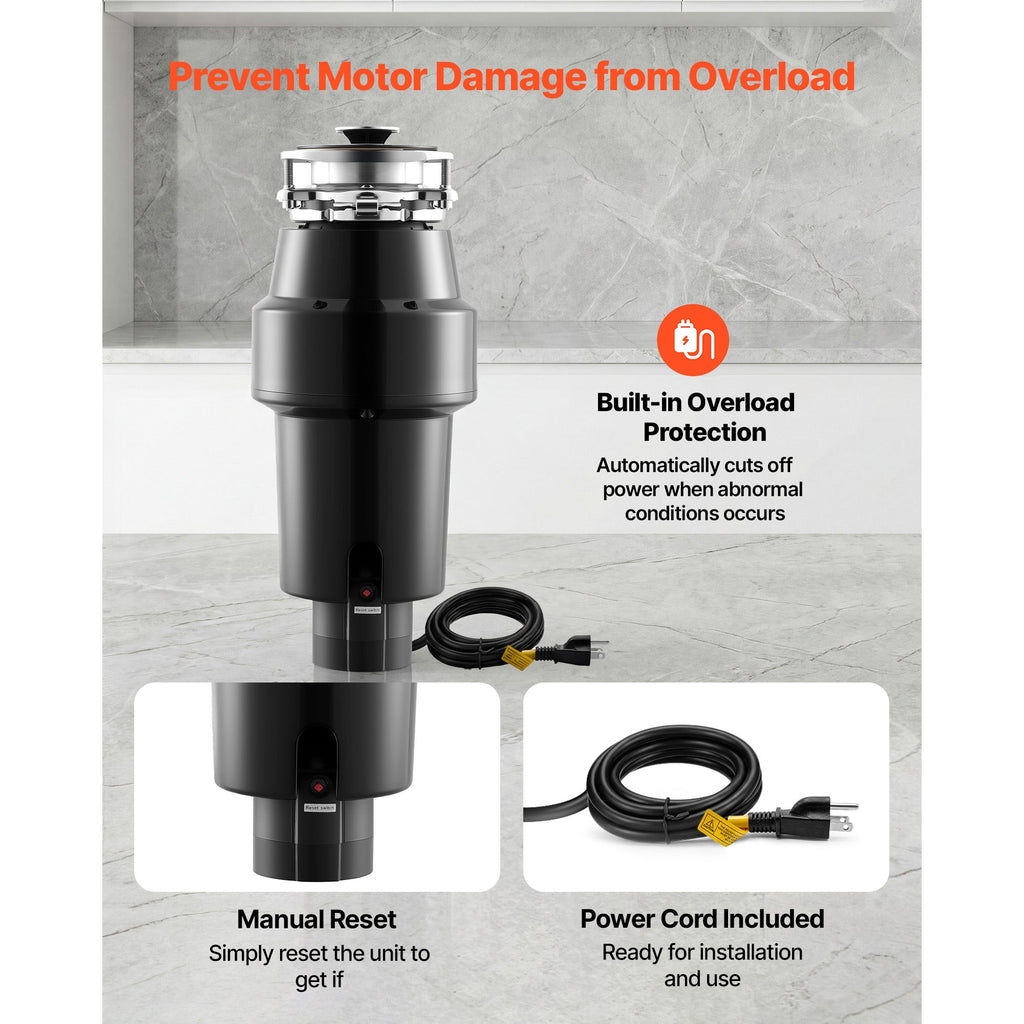 Food Waste Garbage Disposal, 1HP 3700RPM DC Motor