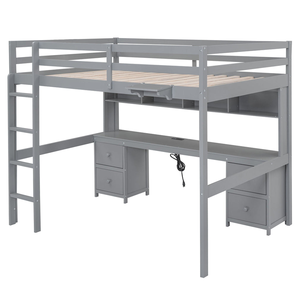 Loft Bed With Desk, Cabinets, Drawers, Charging Station And Bedside Tray