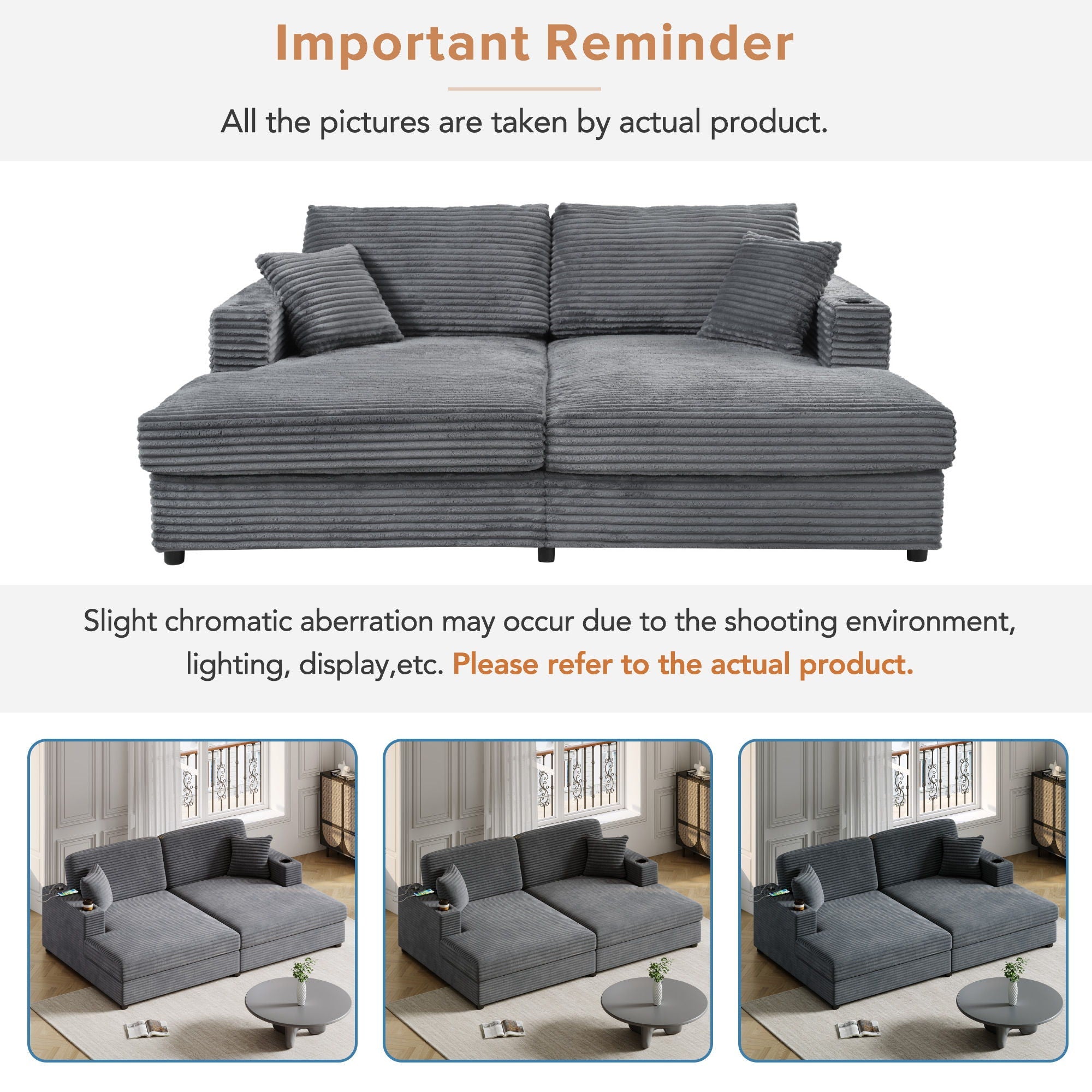 Oversized Loveseat Chaise With 2 USB Ports, 2 Cup Holders And 2 Throw Pillows