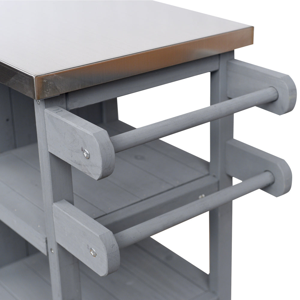 Foldable Outdoor Kitchen Island with Stainless Steel Top | Rolling Cart with Storage Cabinet, Open Shelves & Towel Rack — Grey