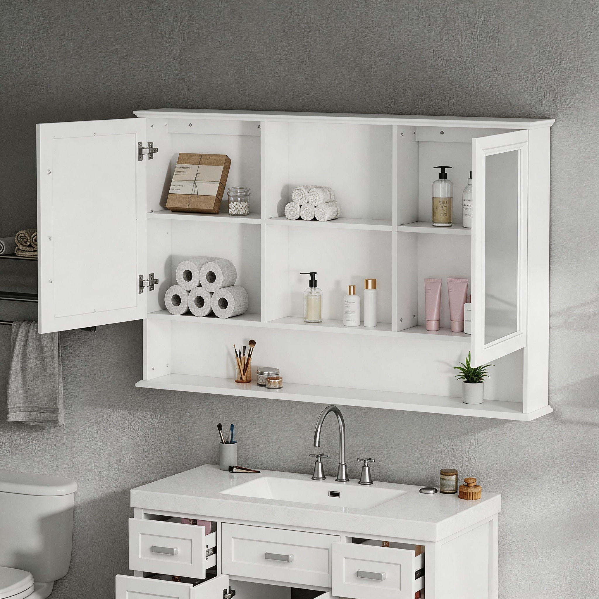 Wall Mounted Bathroom Medicine Cabinet With Double Mirrored Doors