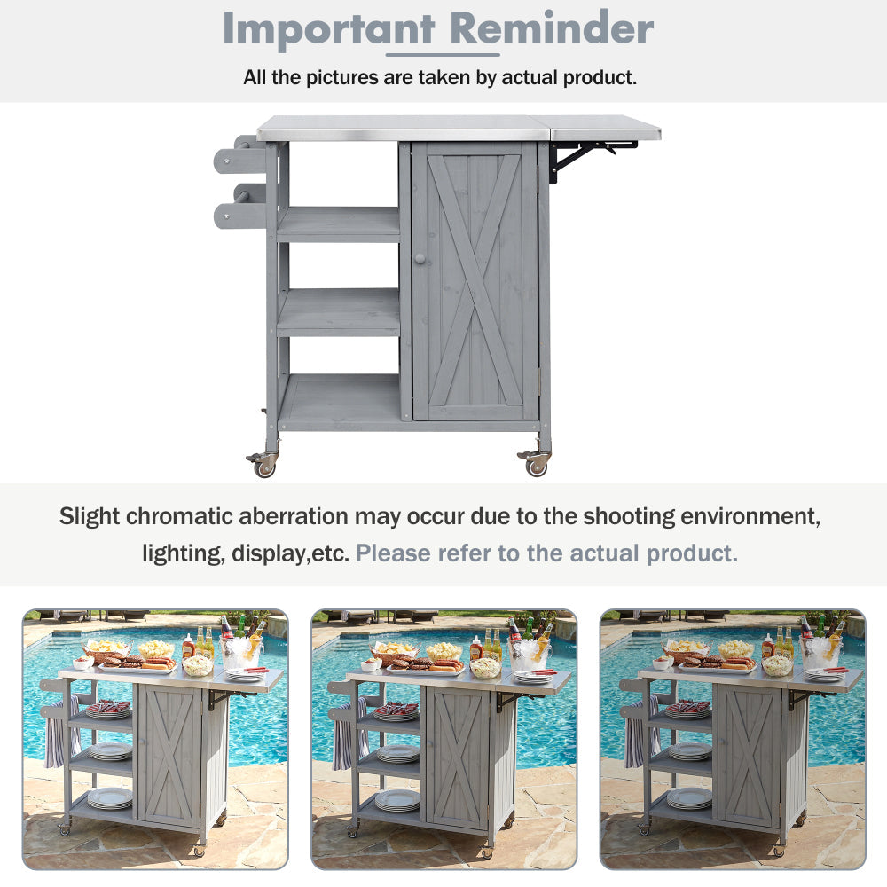 Foldable Outdoor Kitchen Island with Stainless Steel Top | Rolling Cart with Storage Cabinet, Open Shelves & Towel Rack — Grey