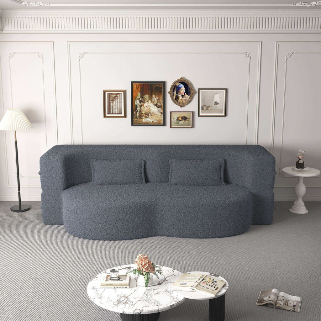 Modern Floor Sofa With Two Pillows Convertible Teddy Fabric Foam Filled Bed
