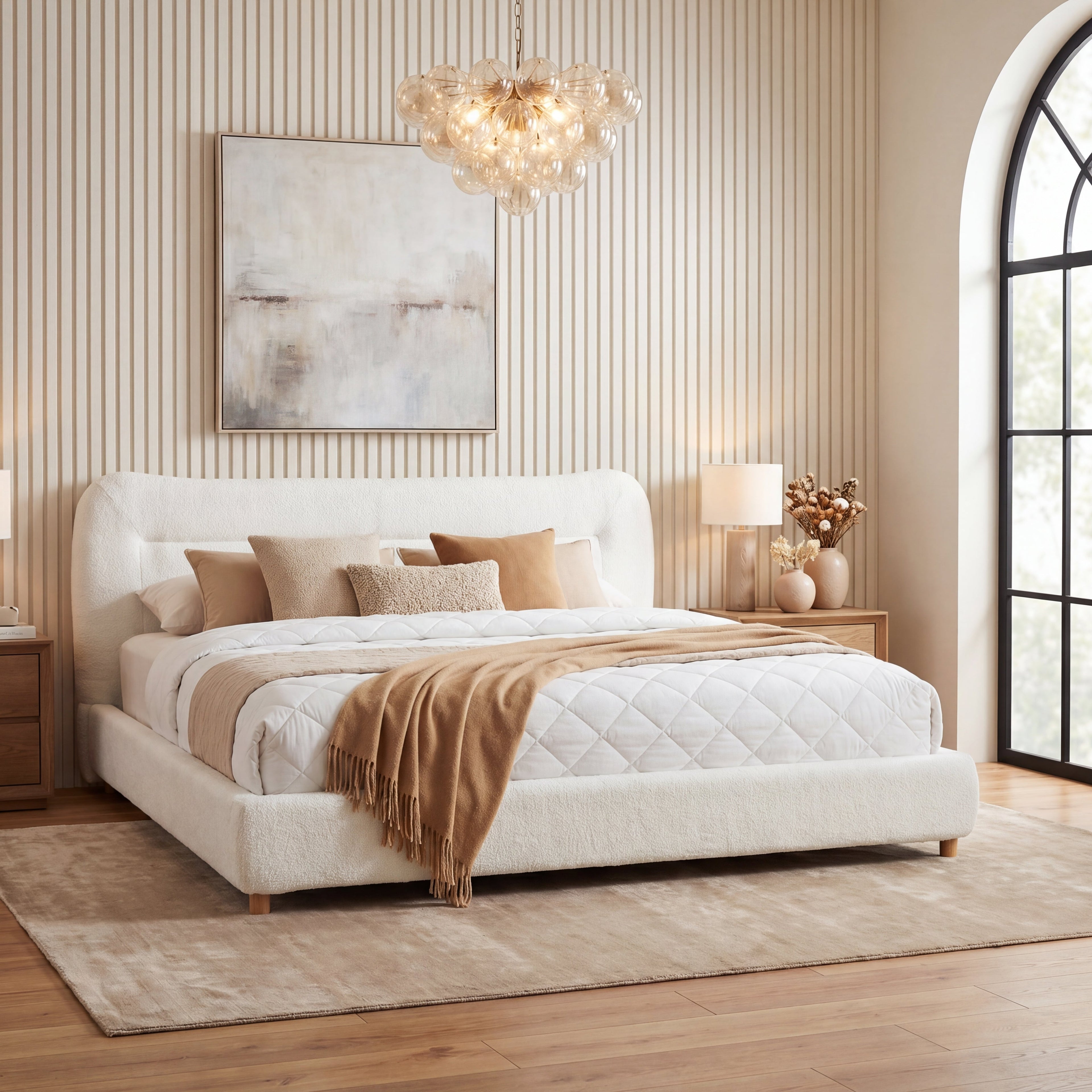 Minimalist Curved Headboard Teddy Bear Plush Bed, Queen