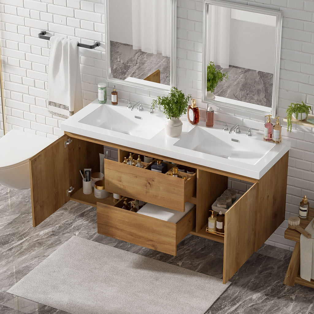 Double Sink Bathroom Vanity, Cabinet & Soft Close Doors, Divided Drawers, Wall Mounted Storage - Wood